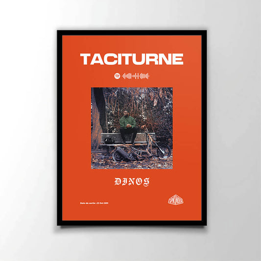 Poster officiel de l'album "Taciturne" (2020) du rappeur français Dinos. Parfait pour les fans de rap frança