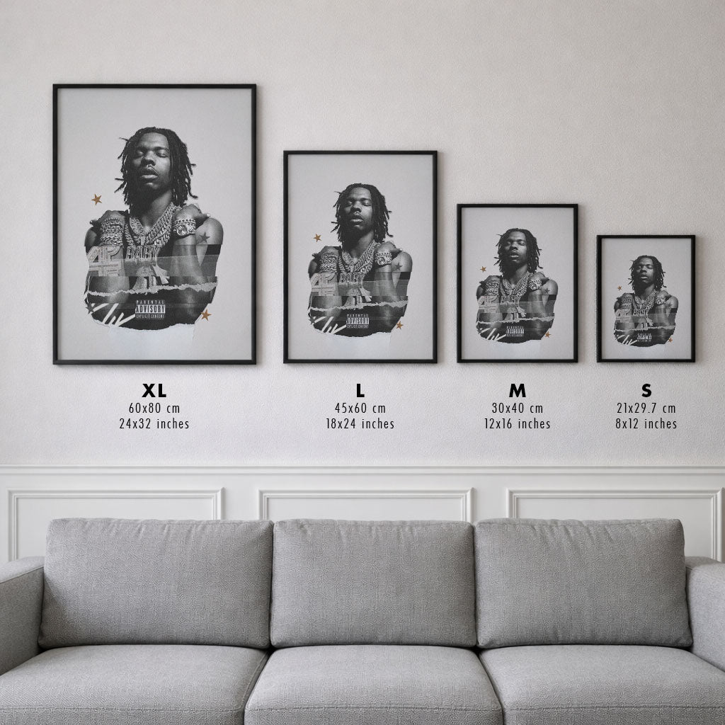 Les 4 formats du poster Lil Baby – 4PF : S 21x29,7, M 30x40, L 45x60 et XL 60x80 cm