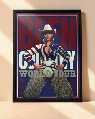 Poster Beyoncé – Cowboy Carter encadré dans un cadre noir, posé contre un mur clair