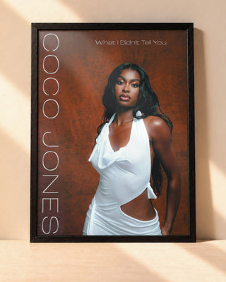 Poster Coco Jones – What I Didn't Tell You encadré dans un cadre noir, posé contre un mur clair