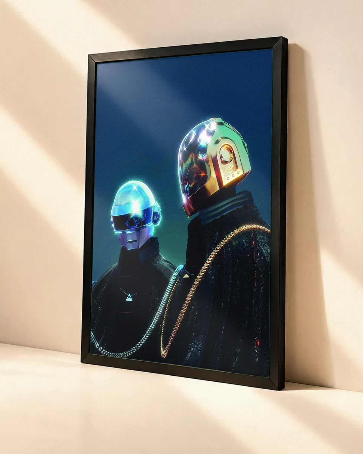 Poster Daft Punk dans un cadre noir, vue en angle