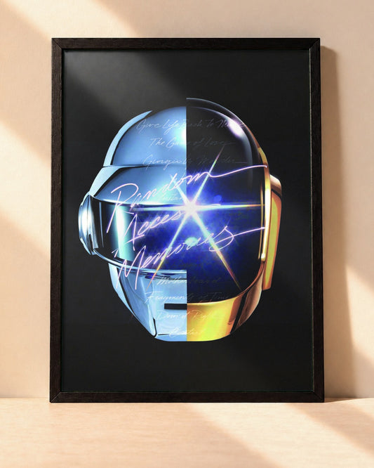 Poster Daft Punk – Random Access Memories encadré dans un cadre noir, posé contre un mur clair
