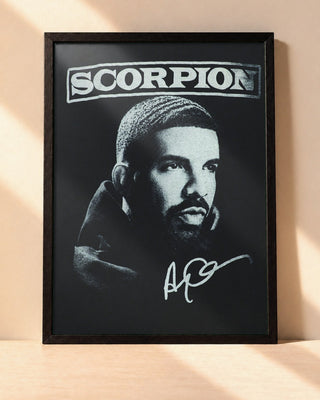 Poster Drake – Scorpion encadré dans un cadre noir, posé contre un mur clair