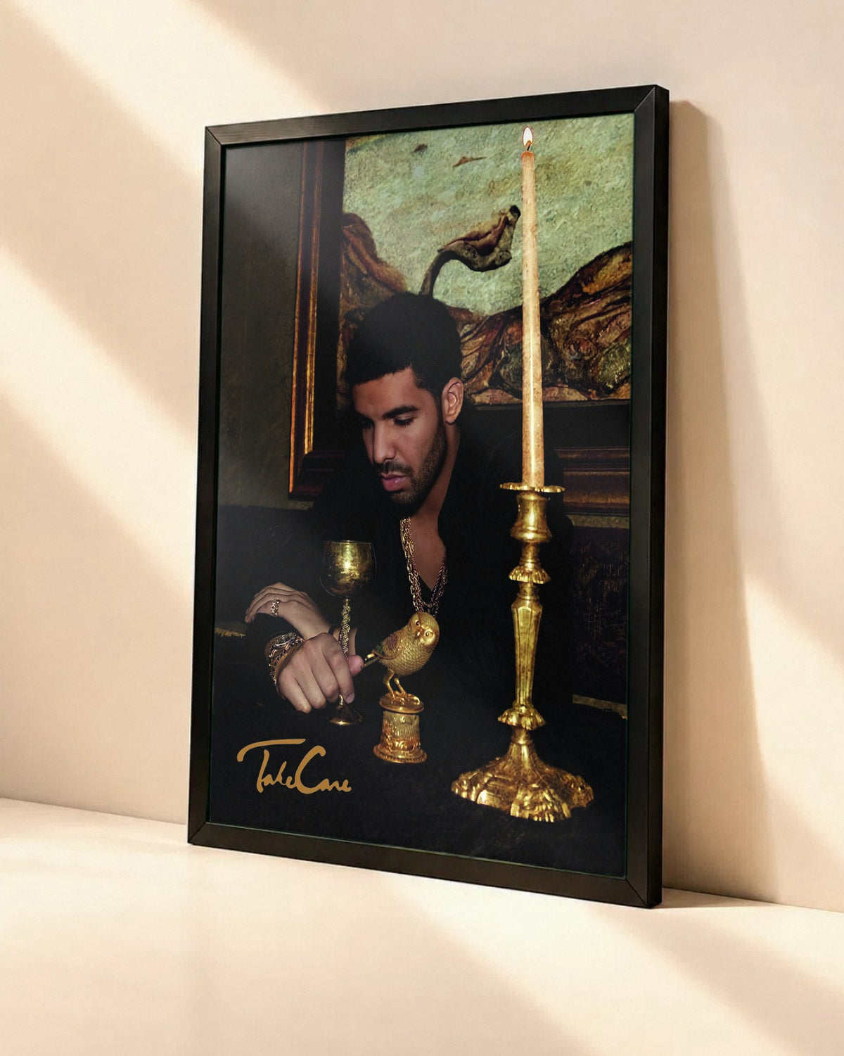 Poster Drake – Take Care dans un cadre noir, vue en angle