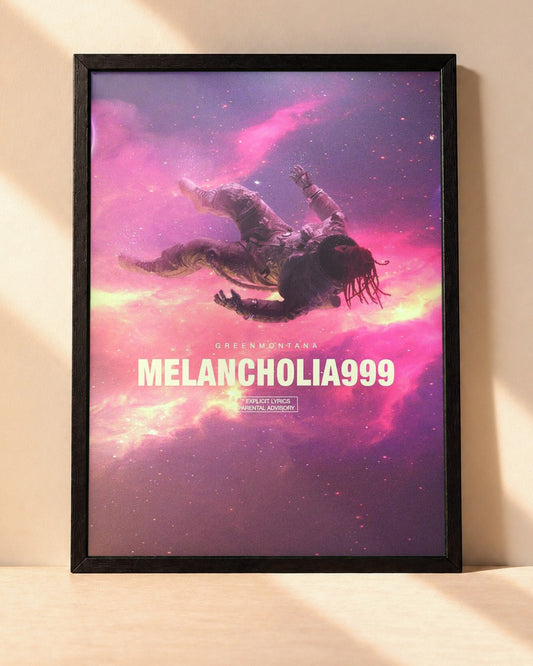 Poster Green Montana – Melancholia999 encadré dans un cadre noir, posé contre un mur clair