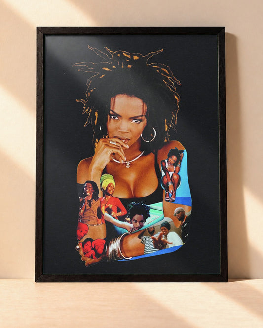 Poster Lauryn Hill encadré dans un cadre noir, posé contre un mur clair