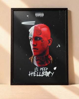 Poster Lil Peep – Hellboy encadré dans un cadre noir, posé contre un mur clair