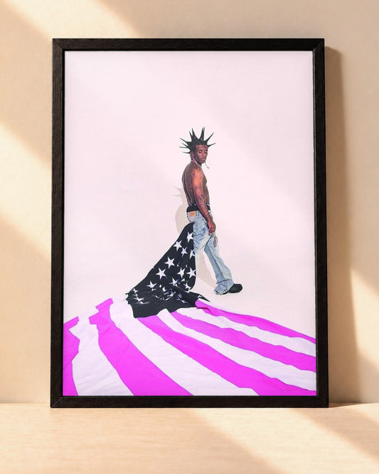 Poster Lil Uzi Vert – Pink Tape encadré dans un cadre noir, posé contre un mur clair
