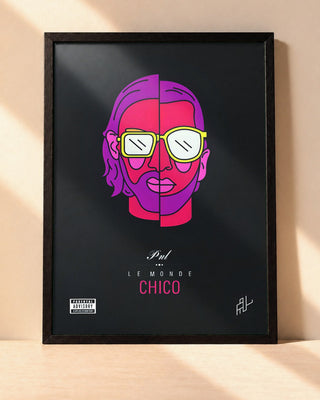 Poster PNL – Le Monde Chico encadré dans un cadre noir, posé contre un mur clair