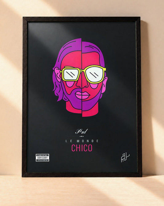 Poster PNL – Le Monde Chico encadré dans un cadre noir, posé contre un mur clair