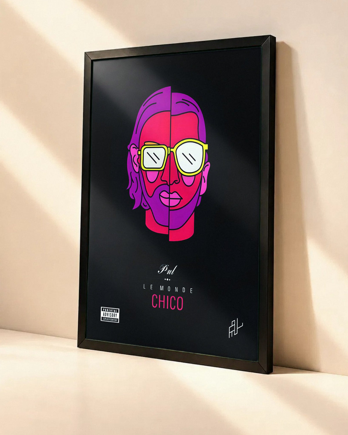 Poster PNL – Le Monde Chico dans un cadre noir, vue en angle