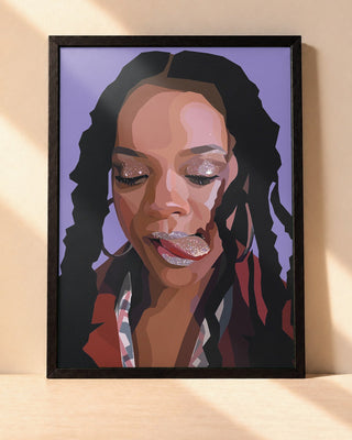 Poster Rihanna – Art encadré dans un cadre noir, posé contre un mur clair