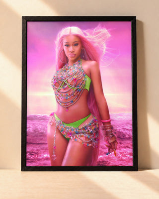 Poster Saweetie – Pink encadré dans un cadre noir, posé contre un mur clair