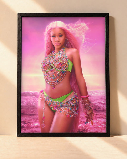 Poster Saweetie – Pink encadré dans un cadre noir, posé contre un mur clair