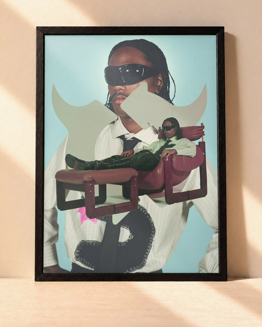 Poster Steve Lacy encadré dans un cadre noir, posé contre un mur clair