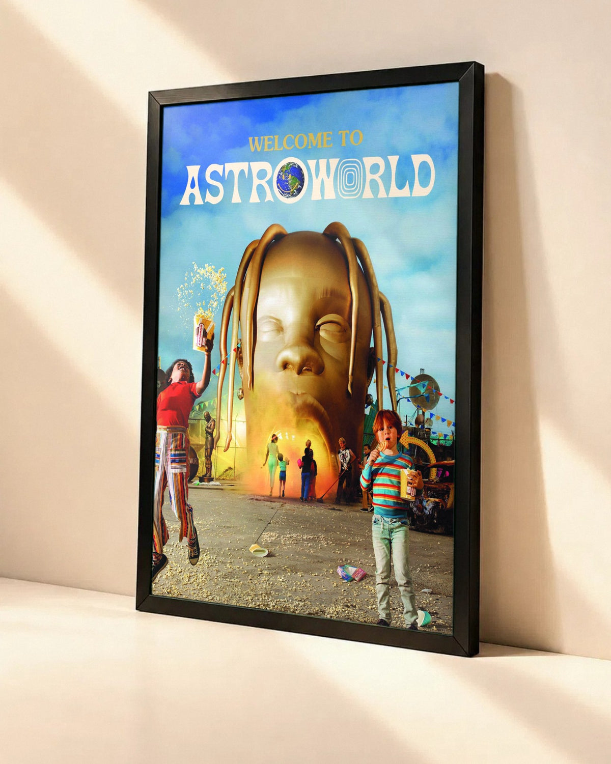 Poster Travis Scott – Astroworld dans un cadre noir, vue en angle