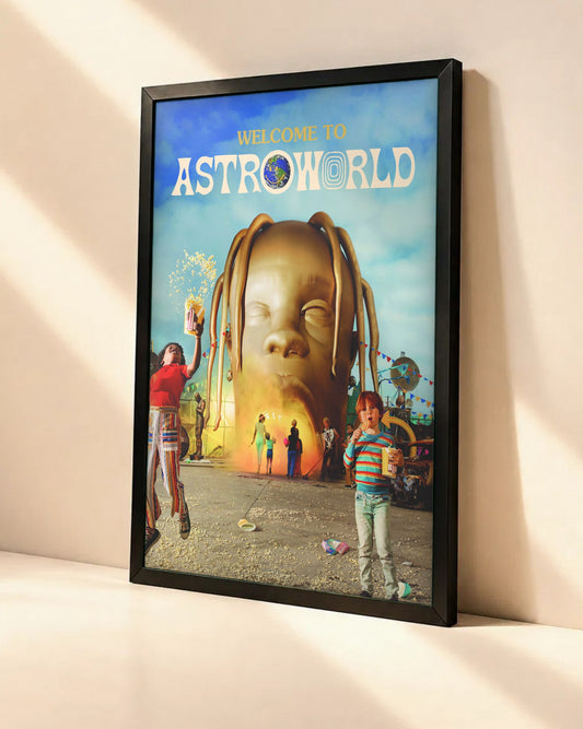 Poster Travis Scott – Astroworld dans un cadre noir, vue en angle