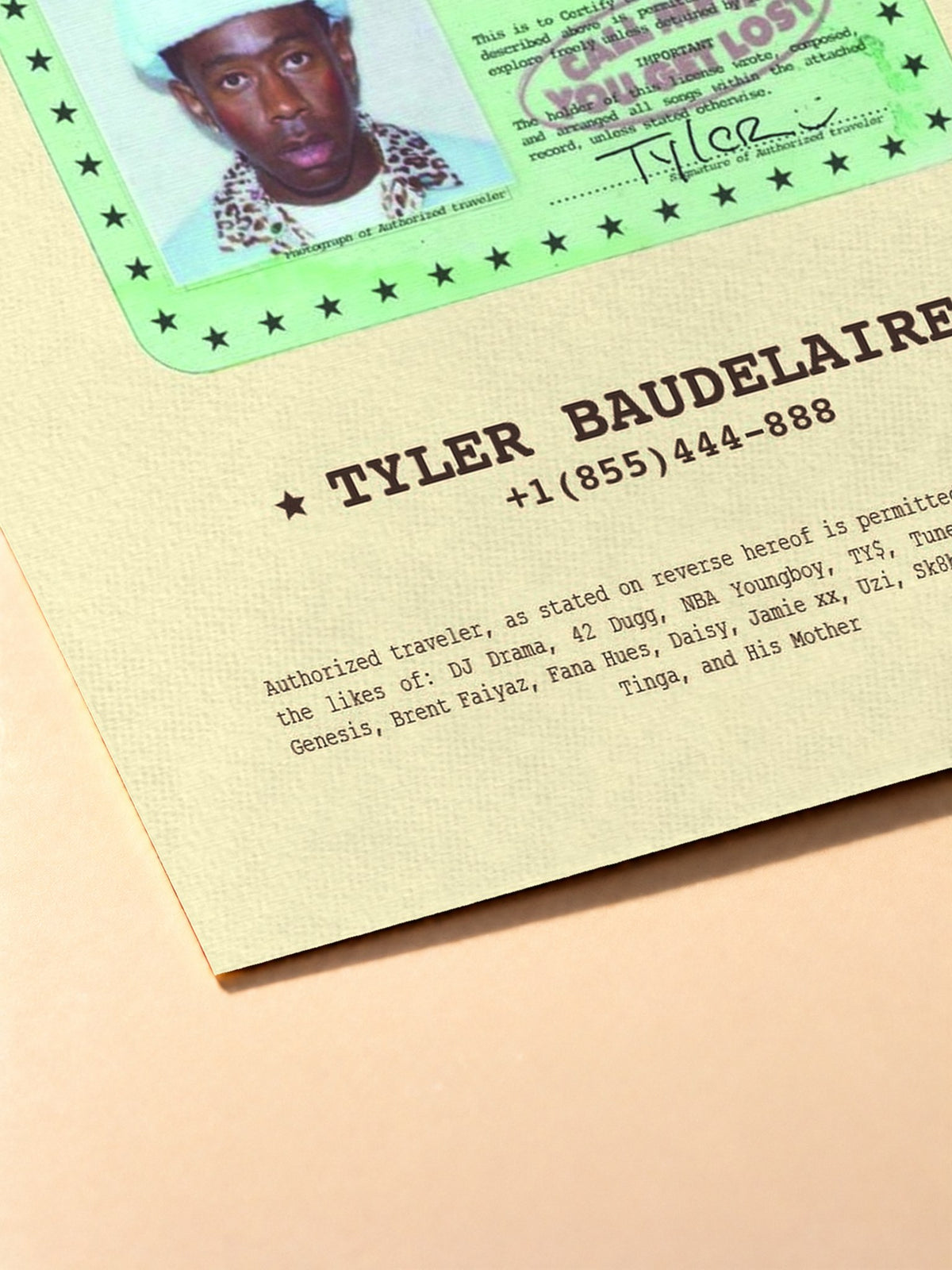 Gros plan sur l'impression du poster Tyler, The Creator – Call Me If You Get Lost