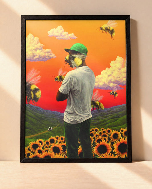 Poster Tyler, The Creator – Flower Boy encadré dans un cadre noir, posé contre un mur clair